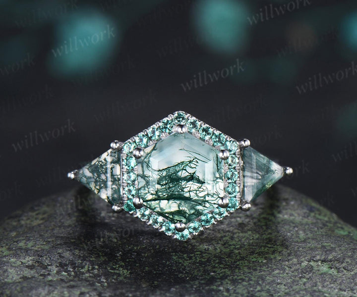 2ct hexagon trillion cut moss agate engagement ring 14k white gold halo emerald promise wedding ring women silver