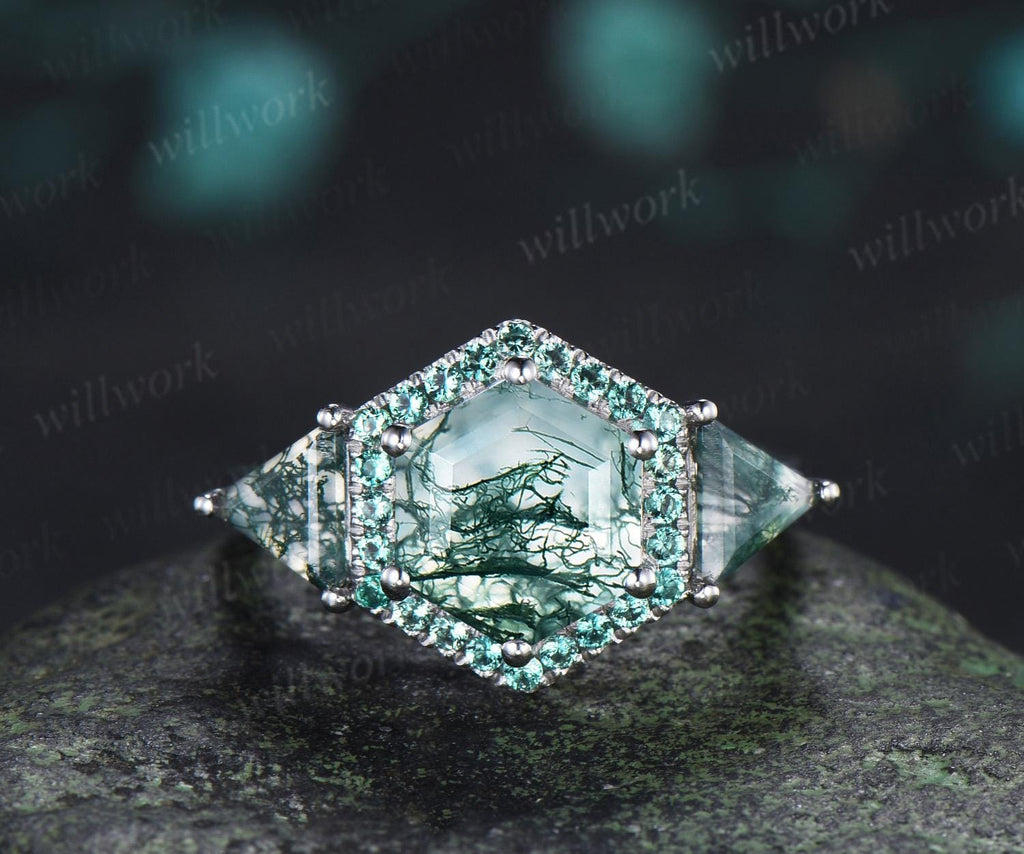 2ct hexagon trillion cut moss agate engagement ring 14k white gold