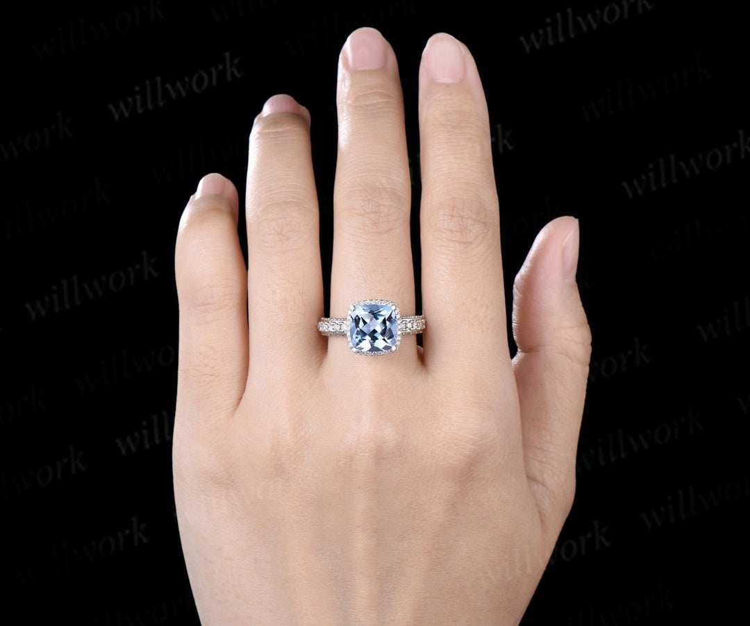 3ct cushion cut aquamarine engagement ring vintage half eternity hidden halo moissanite wedding promise ring women fine jewelry