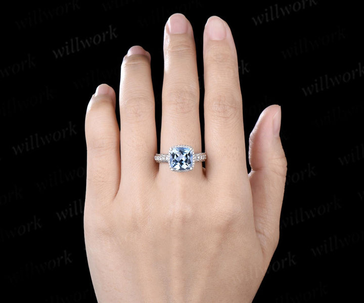 3ct cushion cut aquamarine engagement ring vintage half eternity hidden halo moissanite wedding promise ring women fine jewelry