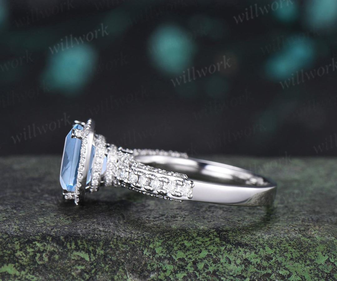 3ct cushion cut aquamarine engagement ring vintage half eternity hidden halo moissanite wedding promise ring women fine jewelry