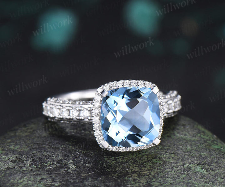 3ct cushion cut aquamarine engagement ring vintage half eternity hidden halo moissanite wedding promise ring women fine jewelry