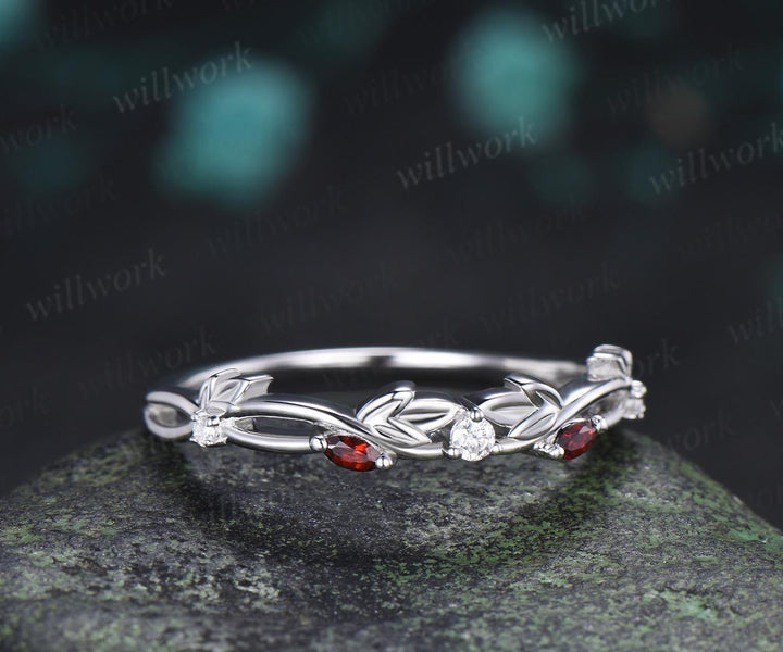 Leaf infinity garnet wedding band vintage 14k white gold moissanite matching stacking  bridal wedding ring women anniversary gift