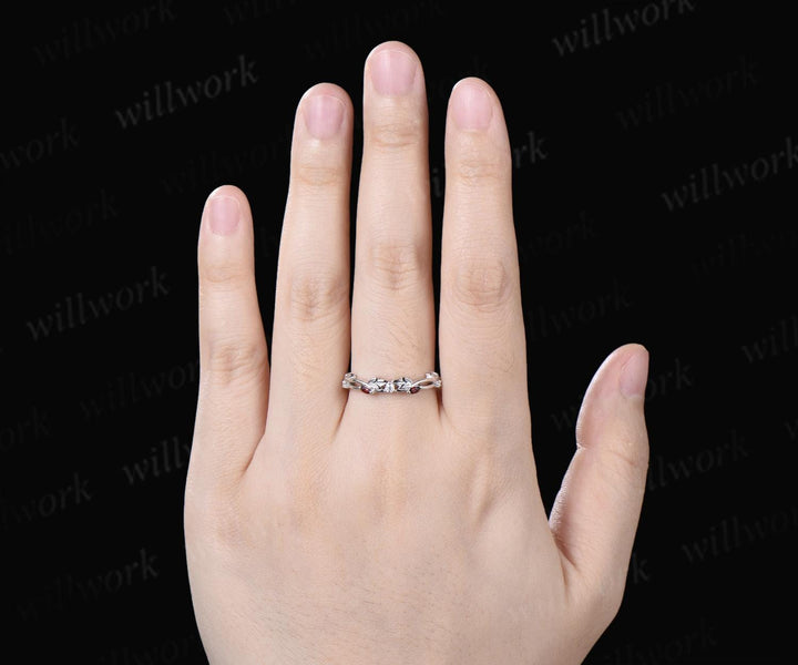 Leaf infinity garnet wedding band vintage 14k white gold moissanite matching stacking  bridal wedding ring women anniversary gift
