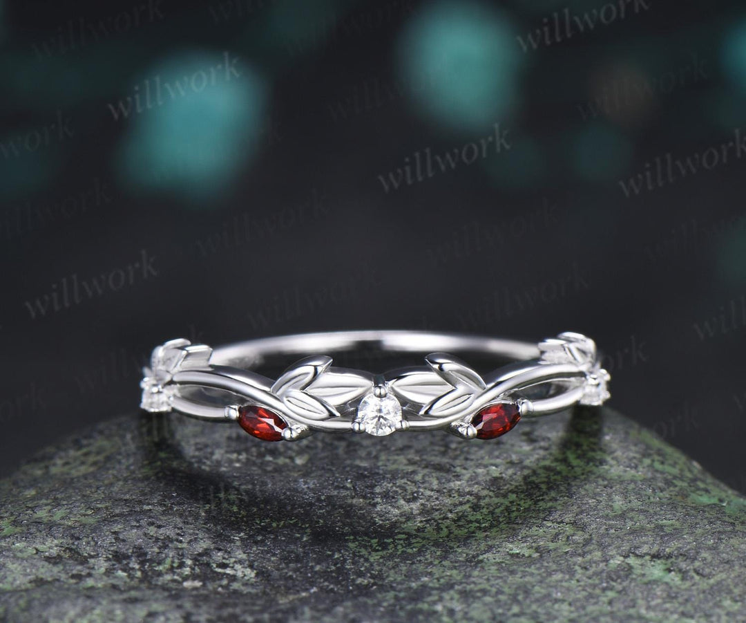 Leaf infinity garnet wedding band vintage 14k white gold moissanite matching stacking  bridal wedding ring women anniversary gift