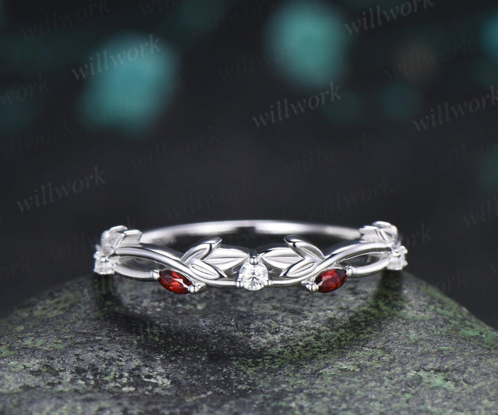 Leaf infinity garnet wedding band vintage 14k white gold moissanite matching stacking  bridal wedding ring women anniversary gift