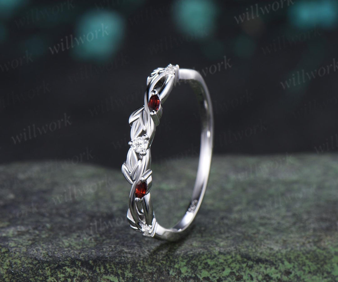 Leaf infinity garnet wedding band vintage 14k white gold moissanite matching stacking  bridal wedding ring women anniversary gift