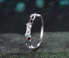 Leaf infinity garnet wedding band vintage 14k white gold moissanite matching stacking  bridal wedding ring women anniversary gift