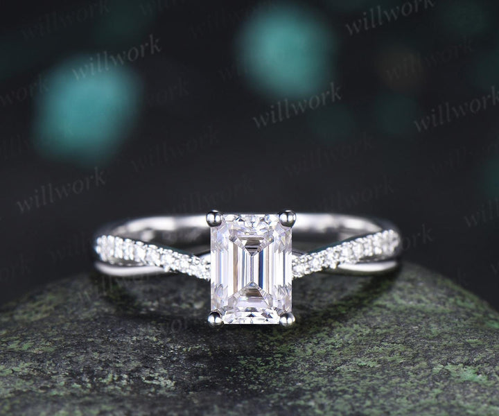 Emerald cut moissanite engagement ring white gold retro 3/4 eternity infinity diamond wedding promise ring her jewelry