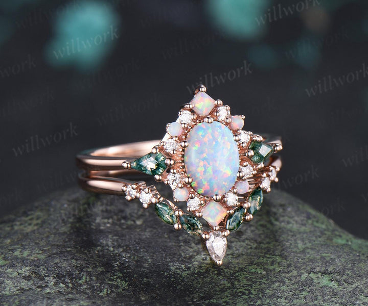 Oval opal engagement ring 14k rose gold kite moss agate square opal halo unique promise wedding ring set women silver