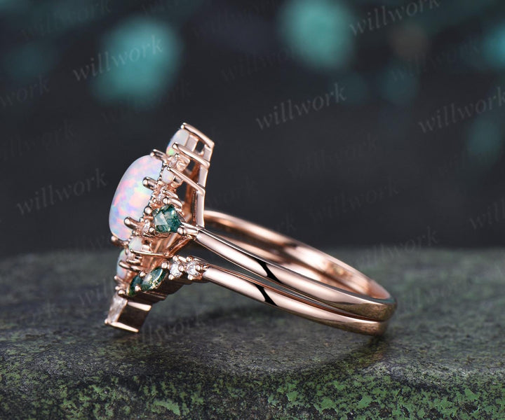 Oval opal engagement ring 14k rose gold kite moss agate square opal halo unique promise wedding ring set women silver