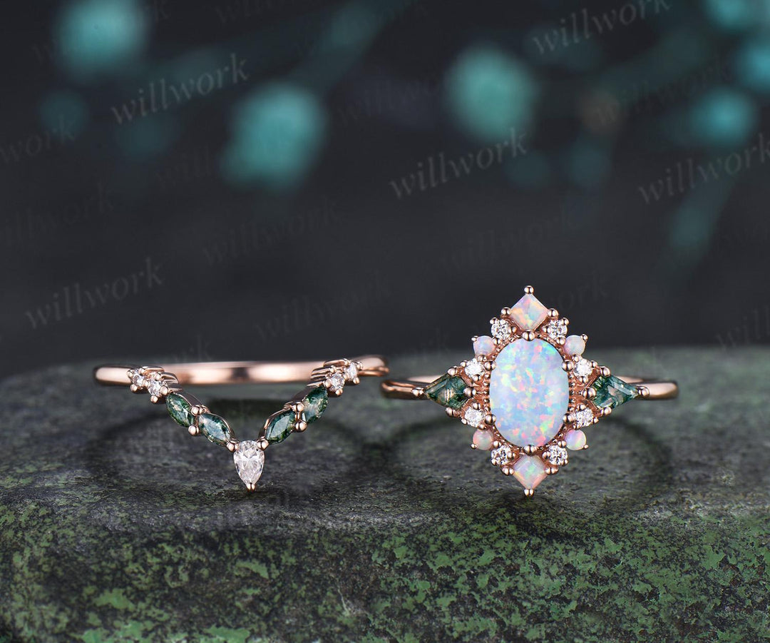 Oval opal engagement ring 14k rose gold kite moss agate square opal halo unique promise wedding ring set women silver