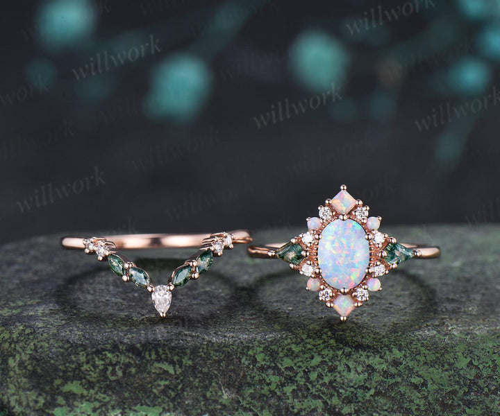Oval opal engagement ring 14k rose gold kite moss agate square opal halo unique promise wedding ring set women silver