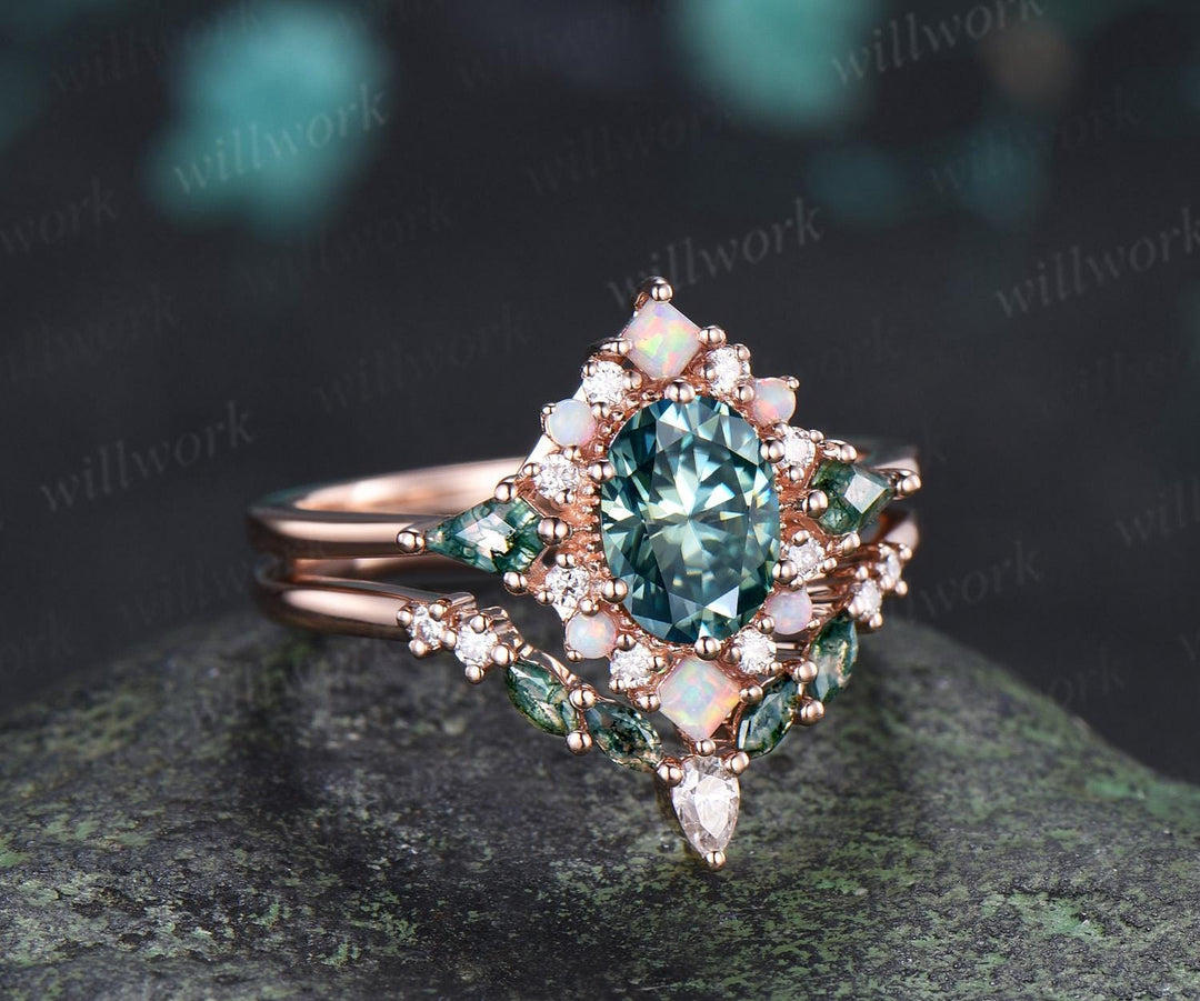 Oval green moissanite engagement ring 14k rose gold kite moss agate square opal halo unique bridal wedding ring set women silver