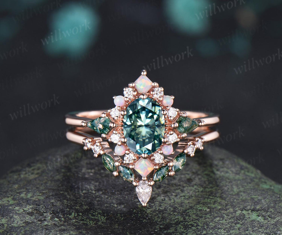 Oval green moissanite engagement ring 14k rose gold kite moss agate square opal halo unique bridal wedding ring set women silver