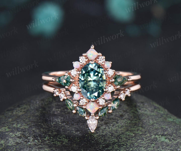 Oval green moissanite engagement ring 14k rose gold kite moss agate square opal halo unique bridal wedding ring set women silver