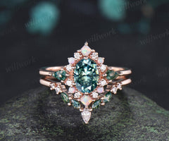 Oval green moissanite engagement ring 14k rose gold kite moss agate square opal halo unique bridal wedding ring set women silver