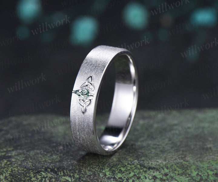 Kite cut moss agate celtic knot wedding band mens brushed bridal ring 14k white gold retro anniversary gift silver