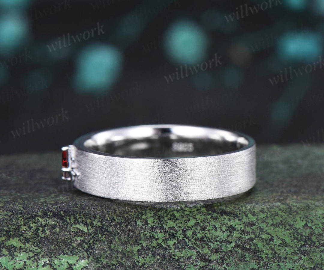 Kite cut red ruby celtic knot wedding band mens brushed bridal ring 14k white gold retro anniversary gift silver