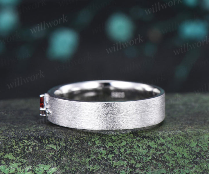 Kite cut red ruby celtic knot wedding band mens brushed bridal ring 14k white gold retro anniversary gift silver