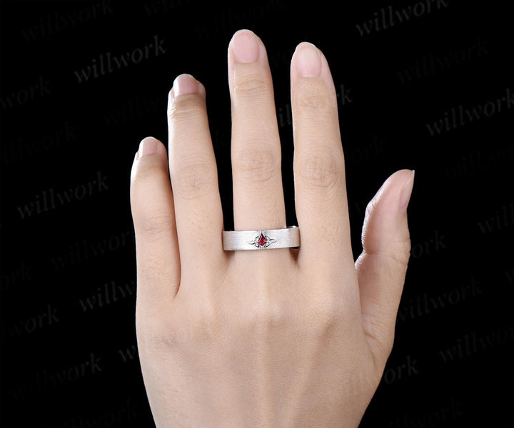 Kite cut red ruby celtic knot wedding band mens brushed bridal ring 14k white gold retro anniversary gift silver