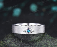 Kite cut alexandrite celtic knot wedding band mens brushed bridal ring 14k white gold retro anniversary gift silver