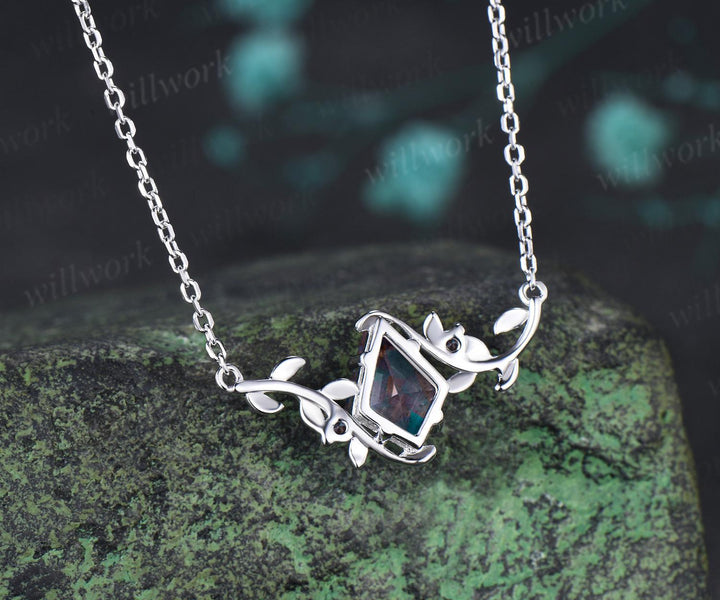 Kite cut alexandrite necklace vintage twisted leaf nature inspired three stone unique pendant women anniversary bridal gift mother