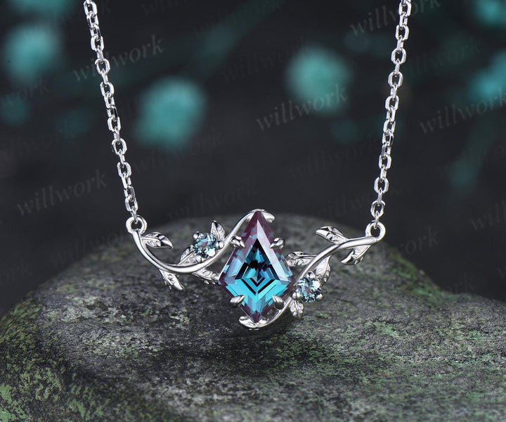 Kite cut alexandrite necklace vintage twisted leaf nature inspired three stone unique pendant women anniversary bridal gift mother