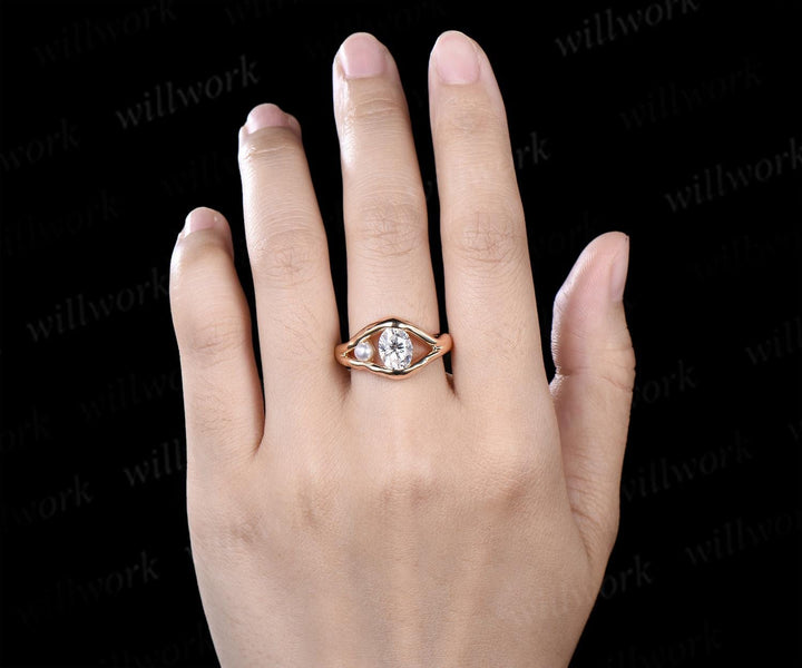 Vintage oval cut moissanite pearl unique engagement ring solid 14k yellow gold anniversary wedding ring women gift