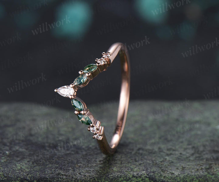 Marquise moss agate curved wedding band 14k rose gold pear moissanite matching stacking bridal wedding ring women gift
