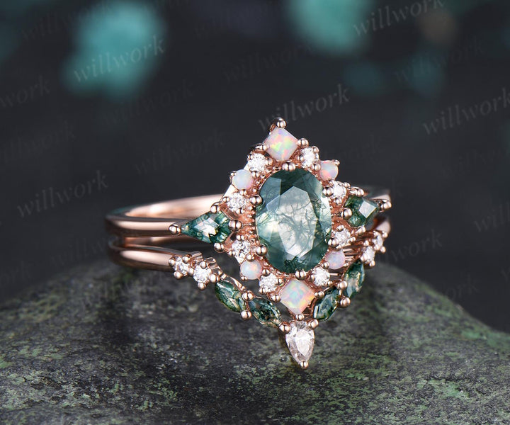 Oval kite moss agate engagement ring 14k rose gold princess opal halo unique promise wedding ring set retro green gemstone ring silver