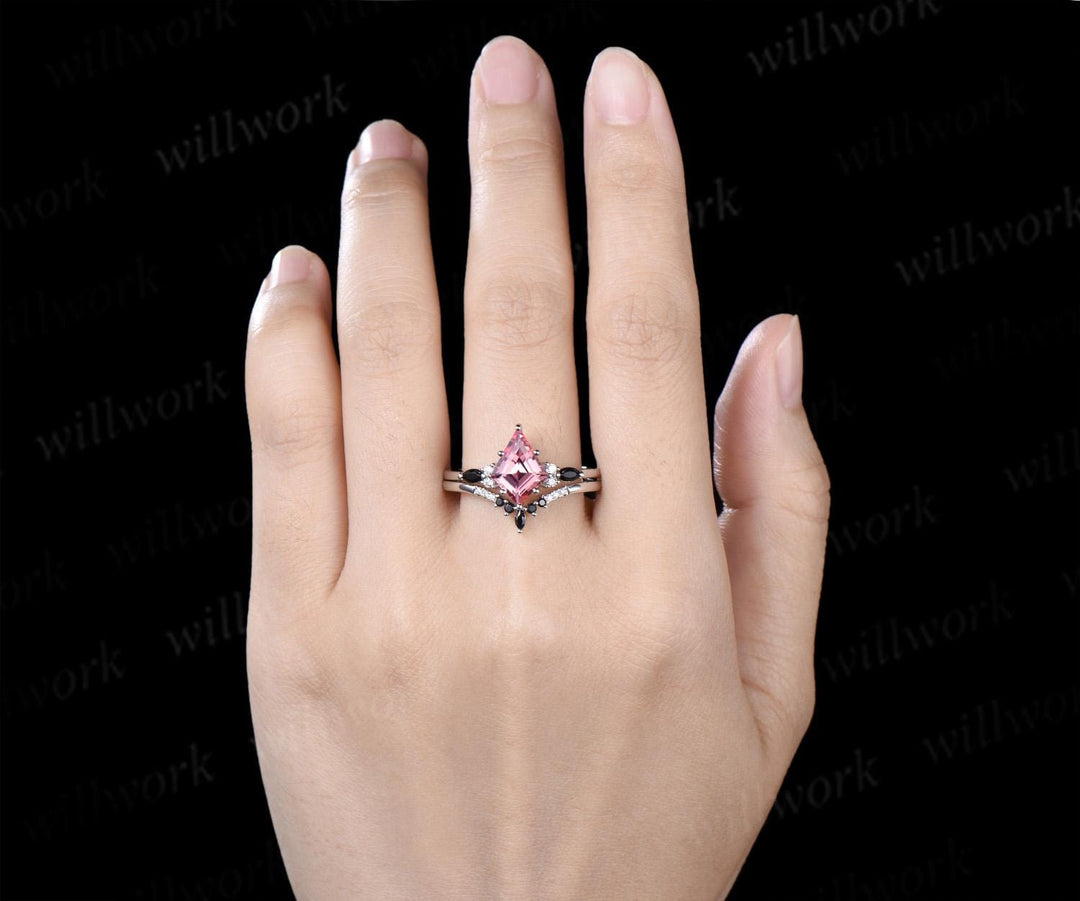 2ct kite cut Padparadscha pink sapphire engagement ring 14k white gold 6 prong black spinel wedding ring set women jewelry