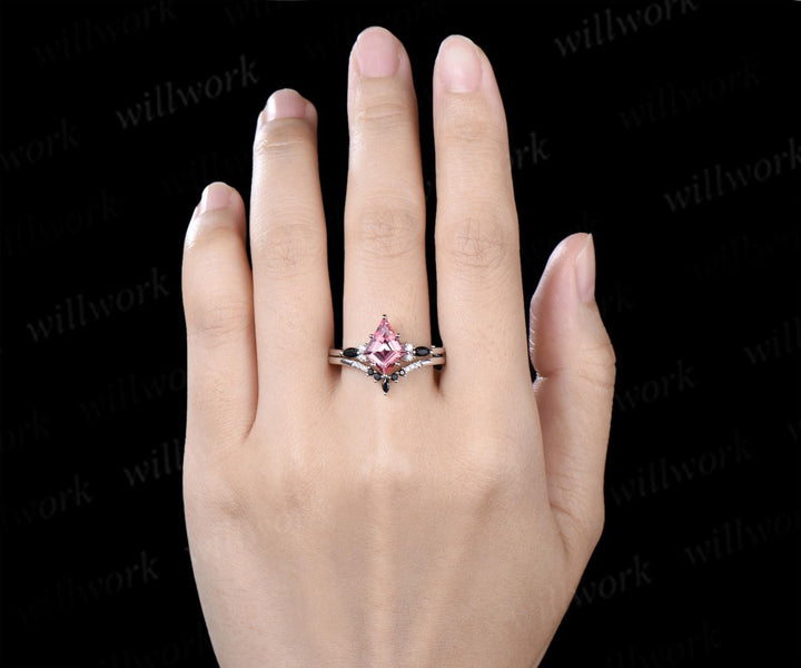 2ct kite cut Padparadscha pink sapphire engagement ring 14k white gold 6 prong black spinel wedding ring set women jewelry