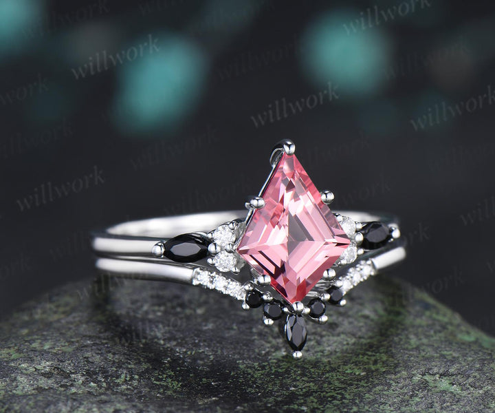 2ct kite cut Padparadscha pink sapphire engagement ring 14k white gold 6 prong black spinel wedding ring set women jewelry