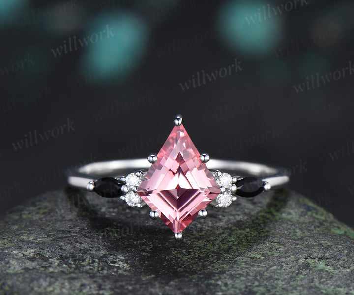 2ct kite cut Padparadscha pink sapphire engagement ring 14k white gold 6 prong black spinel wedding ring set women jewelry