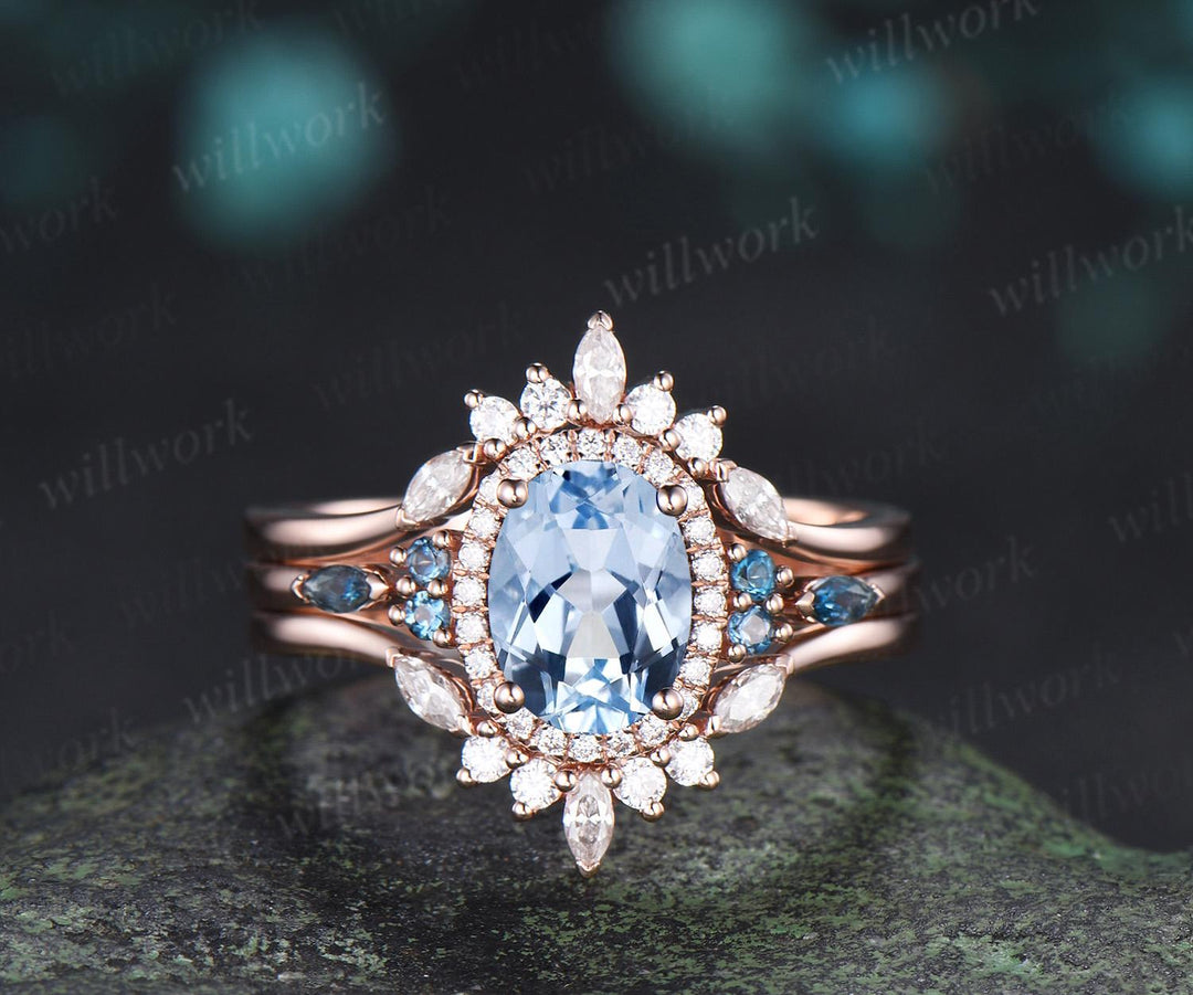 Oval cut aquamarine engagement ring rose gold halo London blue topaz stacking bridal wedding ring set women jewelry