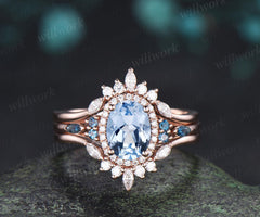 Oval cut aquamarine engagement ring rose gold halo London blue topaz stacking bridal wedding ring set women jewelry