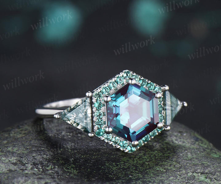2ct hexagon cut alexandrite engagement ring 14k white gold halo emerald trillion moss agate promise wedding ring women silver