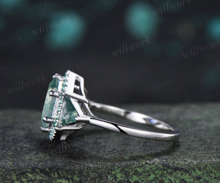 2ct hexagon trillion cut moss agate engagement ring 14k white gold halo emerald promise wedding ring women silver