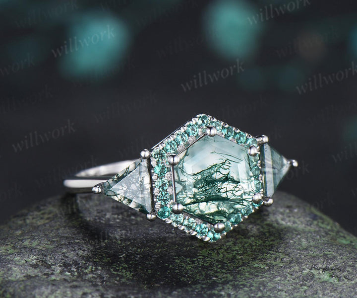 2ct hexagon trillion cut moss agate engagement ring 14k white gold halo emerald promise wedding ring women silver