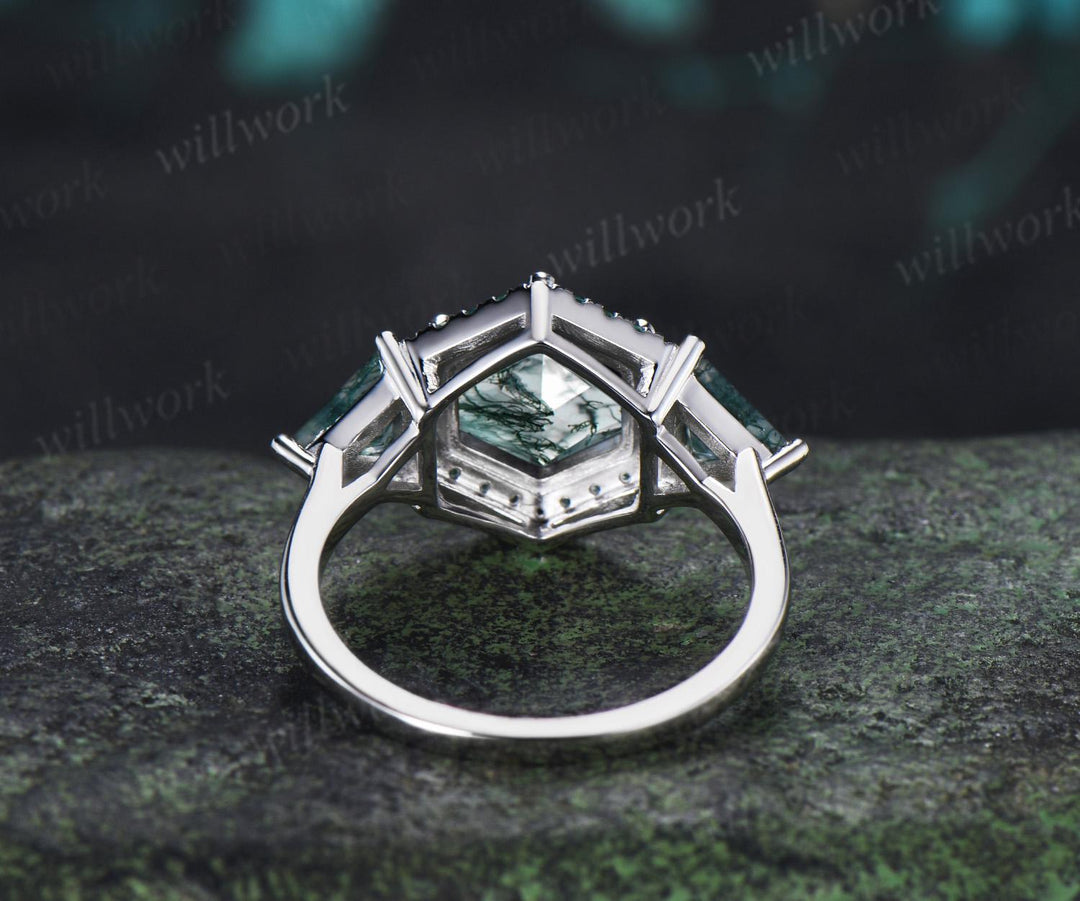 2ct hexagon trillion cut moss agate engagement ring 14k white gold halo emerald promise wedding ring women silver