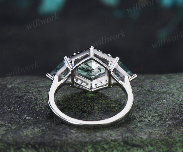 2ct hexagon trillion cut moss agate engagement ring 14k white gold halo emerald promise wedding ring women silver