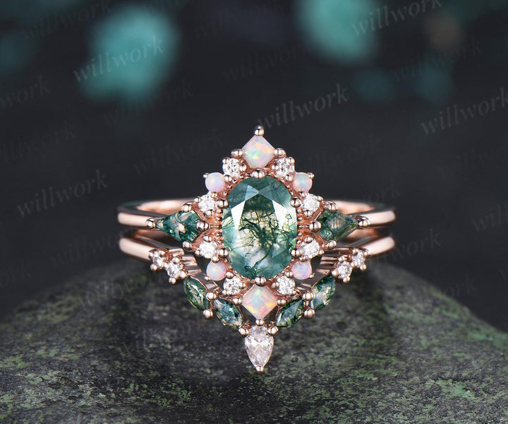 Oval kite moss agate engagement ring 14k rose gold princess opal halo unique promise wedding ring set retro green gemstone ring silver