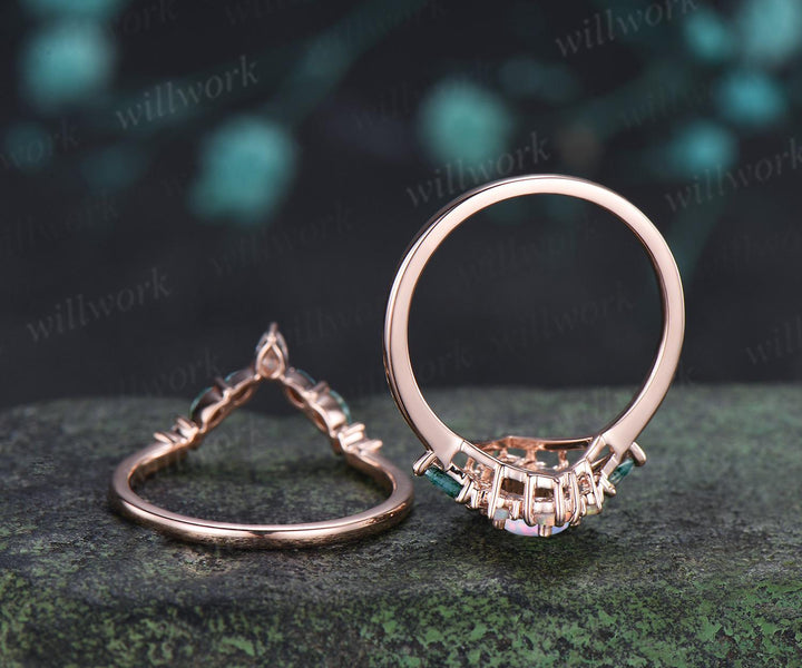 Oval opal engagement ring 14k rose gold kite moss agate square opal halo unique promise wedding ring set women silver
