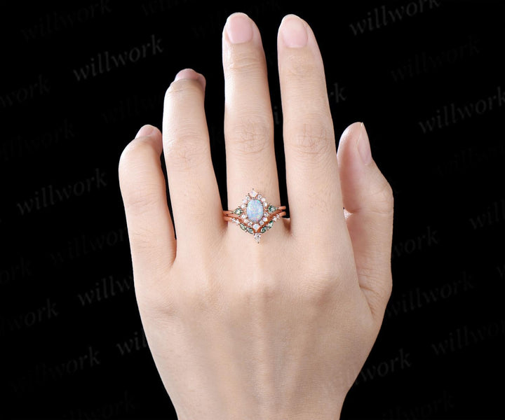 Oval opal engagement ring 14k rose gold kite moss agate square opal halo unique promise wedding ring set women silver