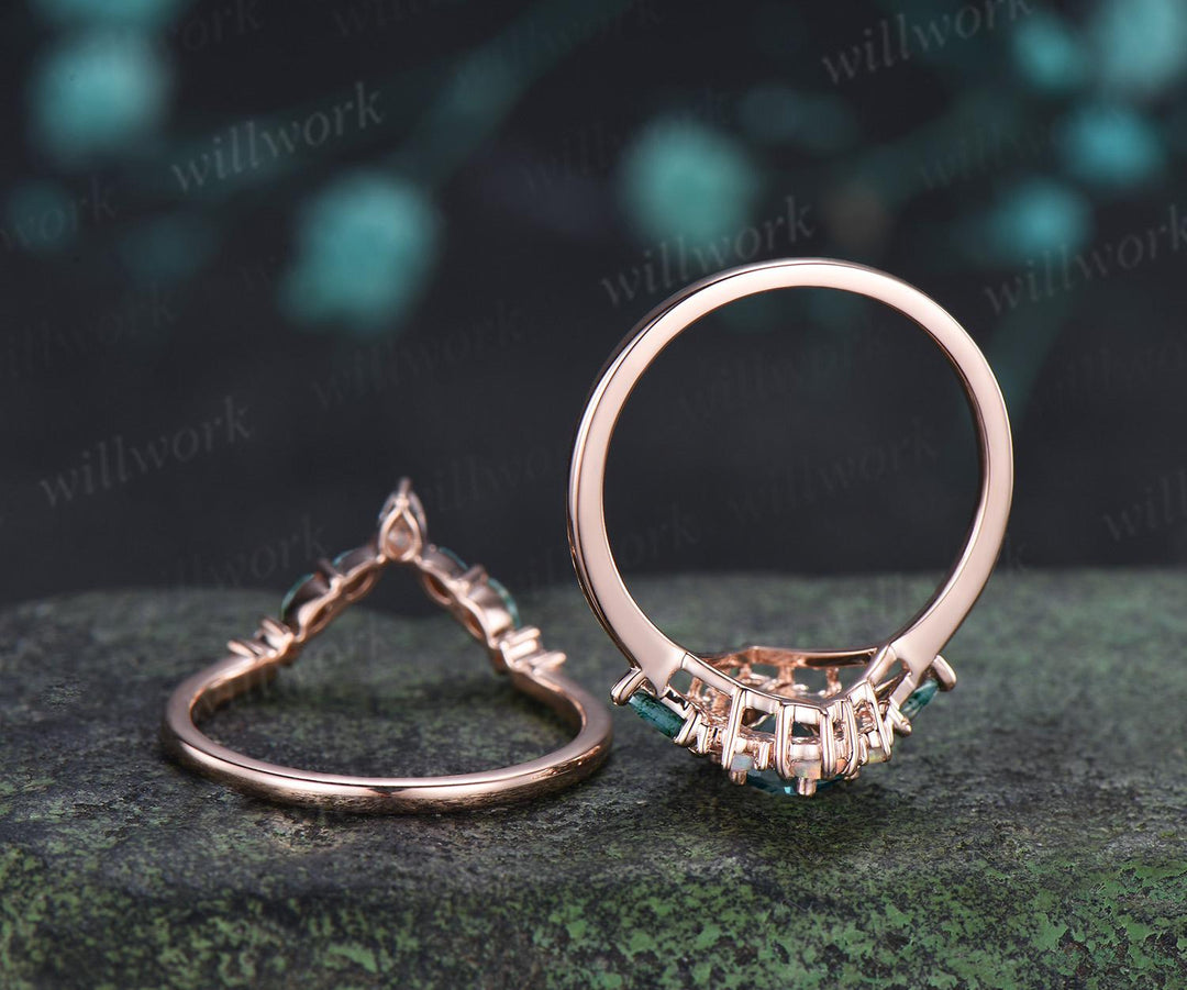 Oval green moissanite engagement ring 14k rose gold kite moss agate square opal halo unique bridal wedding ring set women silver