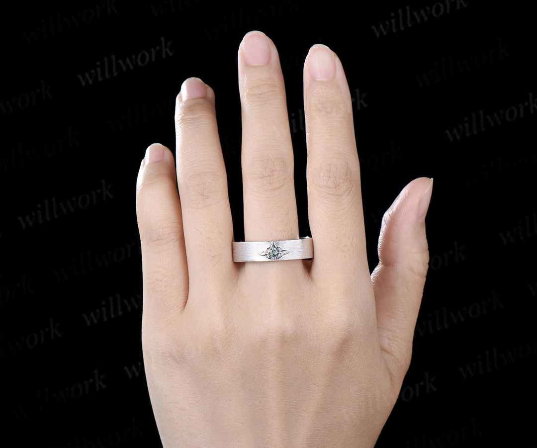 Kite cut moss agate celtic knot wedding band mens brushed bridal ring 14k white gold retro anniversary gift silver