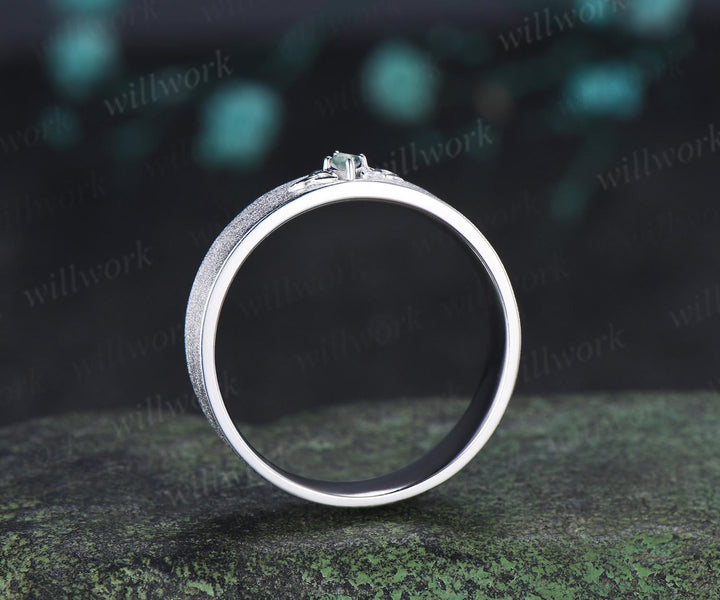 Kite cut moss agate celtic knot wedding band mens brushed bridal ring 14k white gold retro anniversary gift silver