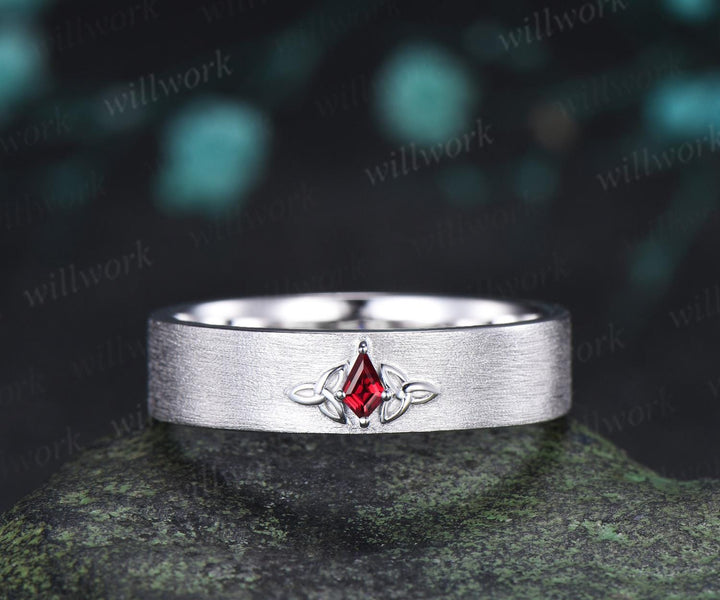 Kite cut red ruby celtic knot wedding band mens brushed bridal ring 14k white gold retro anniversary gift silver