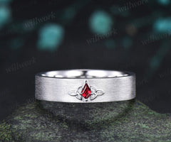 Kite cut red ruby celtic knot wedding band mens brushed bridal ring 14k white gold retro anniversary gift silver